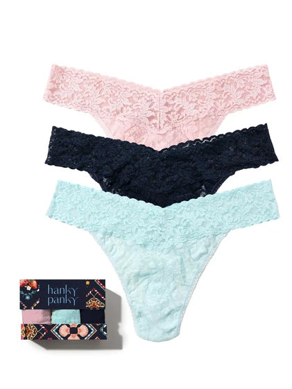3 Original Rise Thongs in Blushing Rose/Navy/Celeste Blue - Hanky Panky