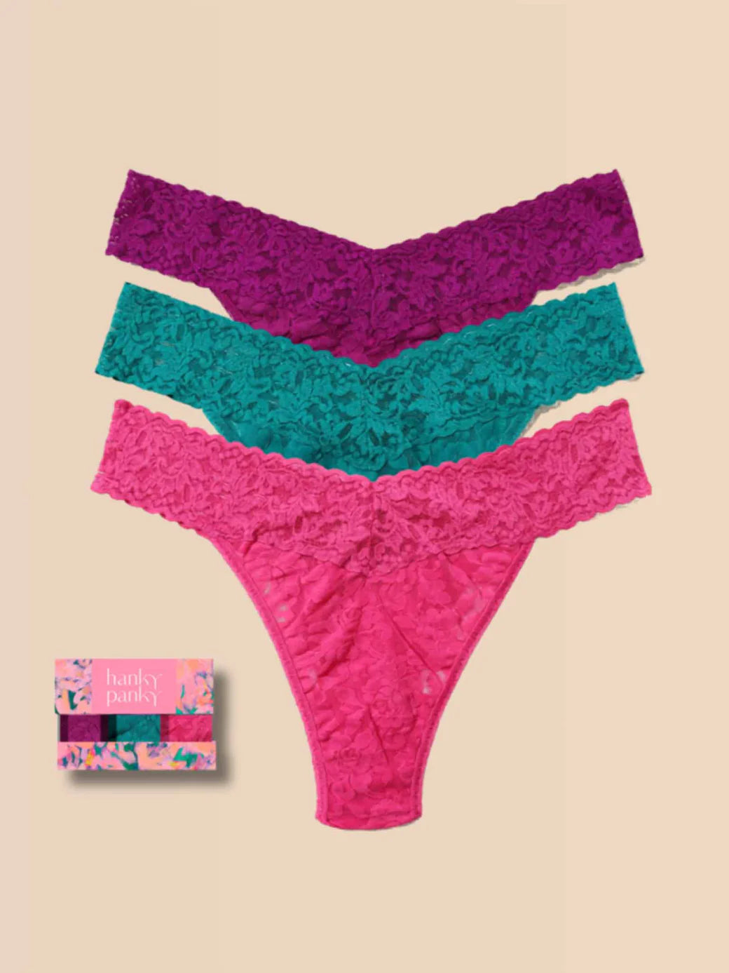 3 Original Rise Thongs in Countess Pink, Vibrant Turquoise, Enchanted Rose - Hanky Panky