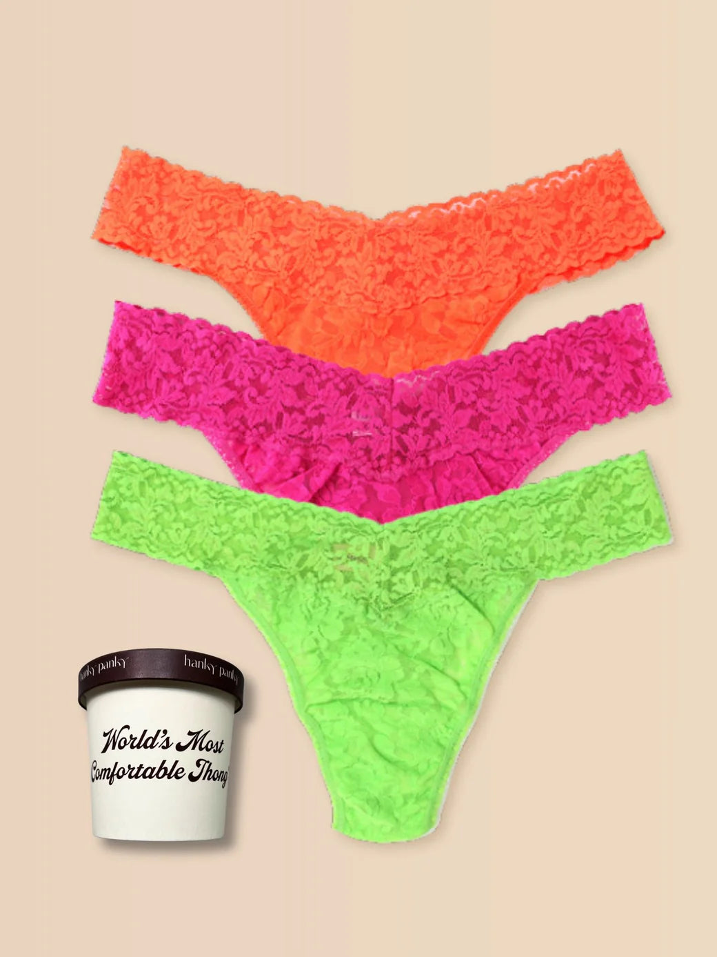3 Original Rise Thongs in Satsuma Orange, Venetian Pink, Lush Creen, Ice Cream Multipack - Hanky Panky