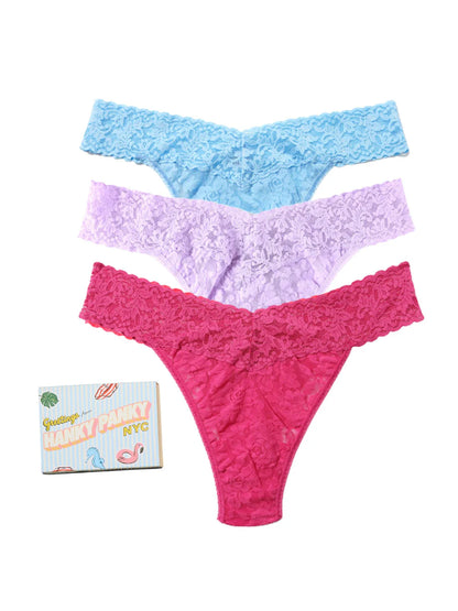 3 Original Rise Thongs in Partly Cloudy Blue, Cool Lavender Purple, Coral - Hanky Panky