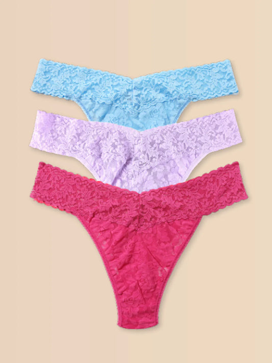 3 Original Rise Thongs in Partly Cloudy Blue, Cool Lavender Purple, Coral - Hanky Panky