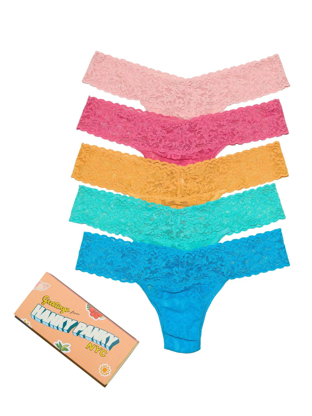 5 Original Rise Thongs in Rosewater Pink, Sugar Rush Pink, Ginger Shot, Seafoam Blue, Fiji Blue - Hanky Panky