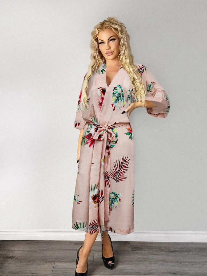 Ladies Sexy Floral Rose Printed Long Robe In Peach - Lovely Lies