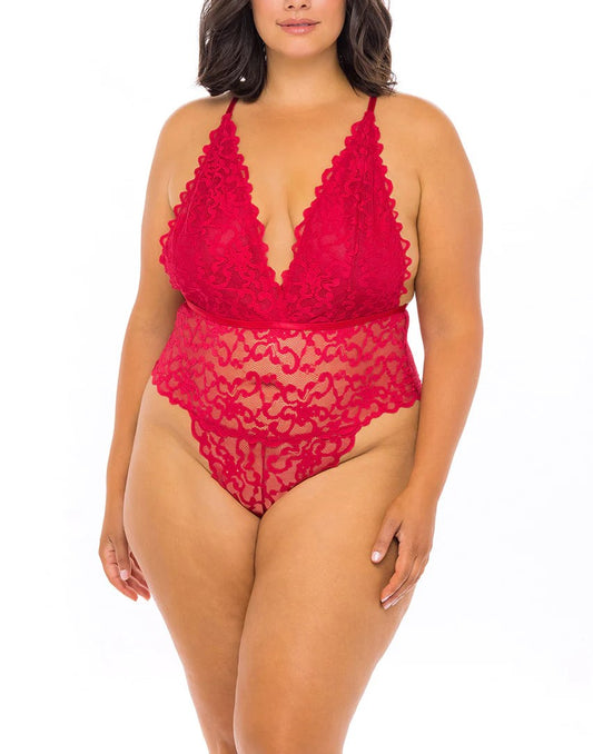 Model wearing Jeana Lace Teddy In Red - Oh La La, front view
