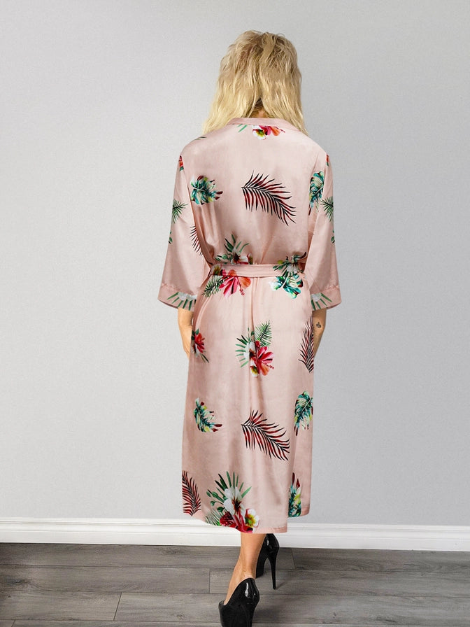 Ladies Sexy Floral Rose Printed Long Robe In Peach - Lovely Lies