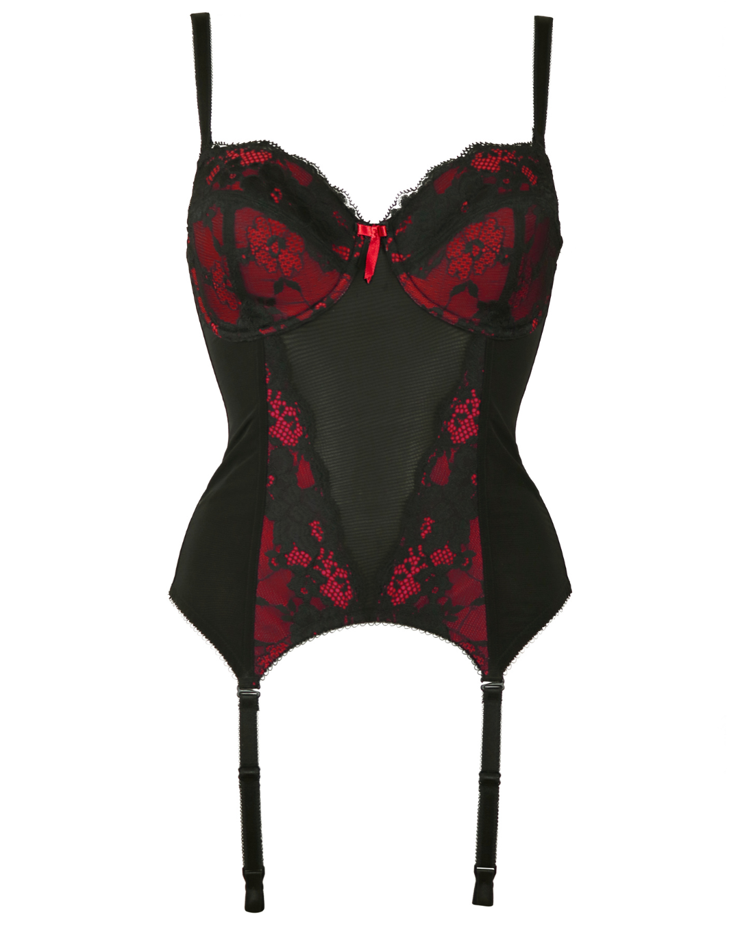 Amour Padded Underwired Strapless Basque In Black & Scarlet - Pour Moi