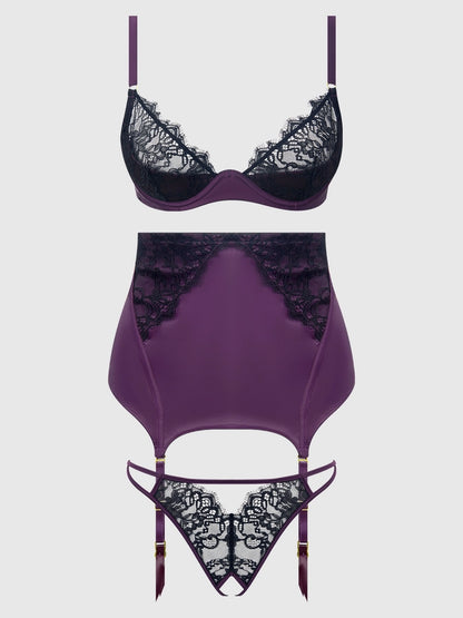 Jocelyn Satin & Lace Push Up Bra In Purple & Black- House of Desire