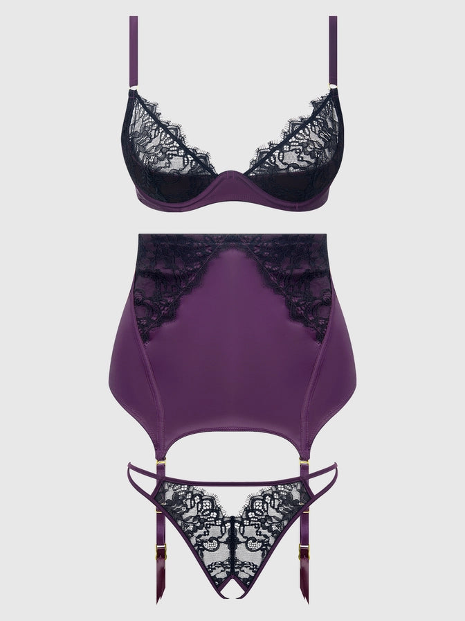 Jocelyn Satin & Lace Crotchless Thong In Purple & Black - House of Desire