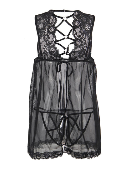 Sheer Mesh Front Lace Up Chemise in Black - Lovely Lies