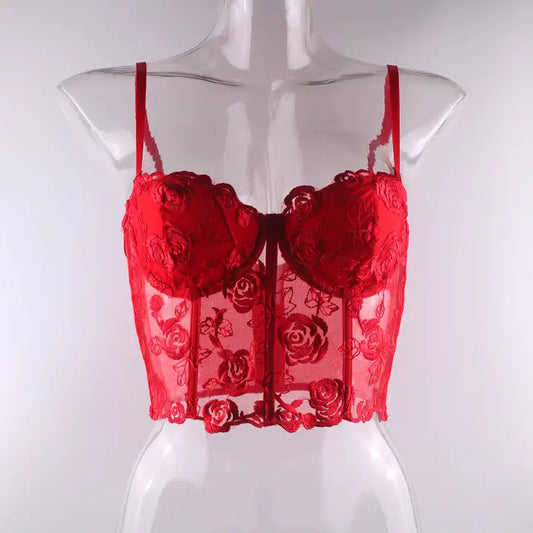 Floral Lace Strapless Corset in Red