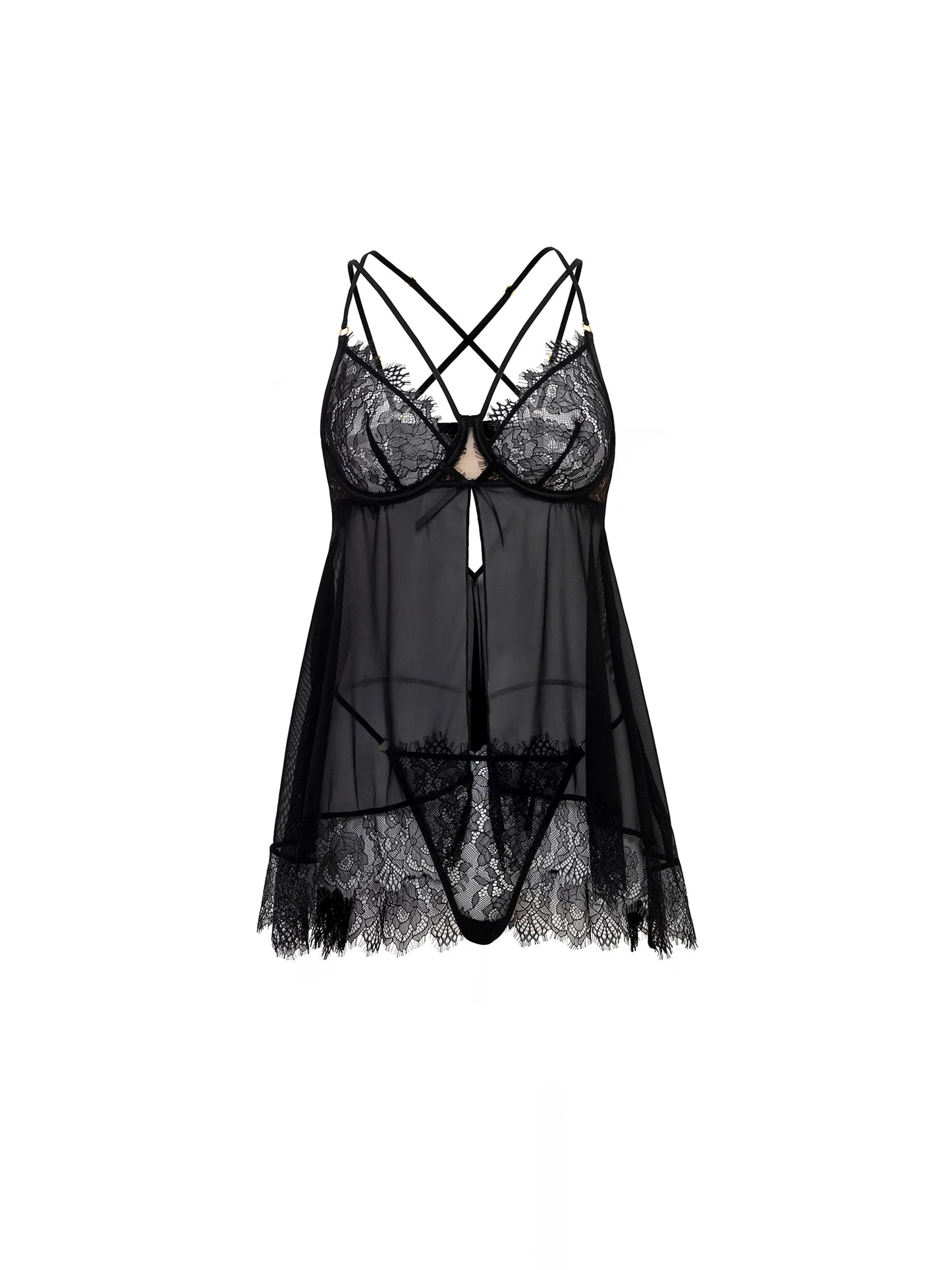 Indie Flyaway Eyelash Lace Babydoll In Black - Oh La La