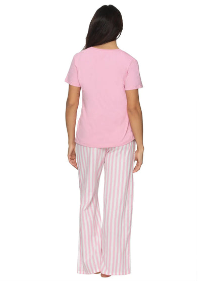 Mirielle Cotton V-Neck Top And Pant Set In Sea Pink Stripe - Felina