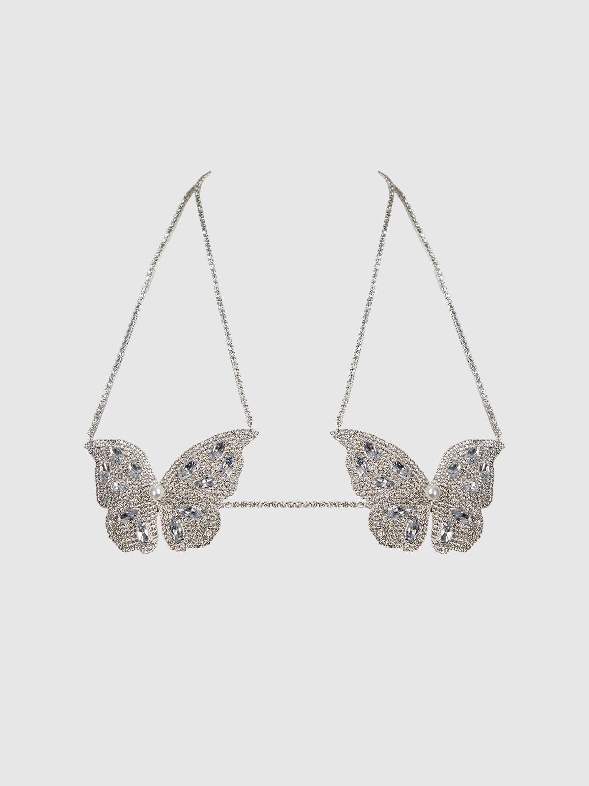 Rhinestone & Pearl Butterfly Bralette In Silver - House of Desire