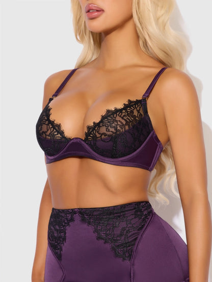 Jocelyn Satin & Lace Push Up Bra In Purple & Black- House of Desire