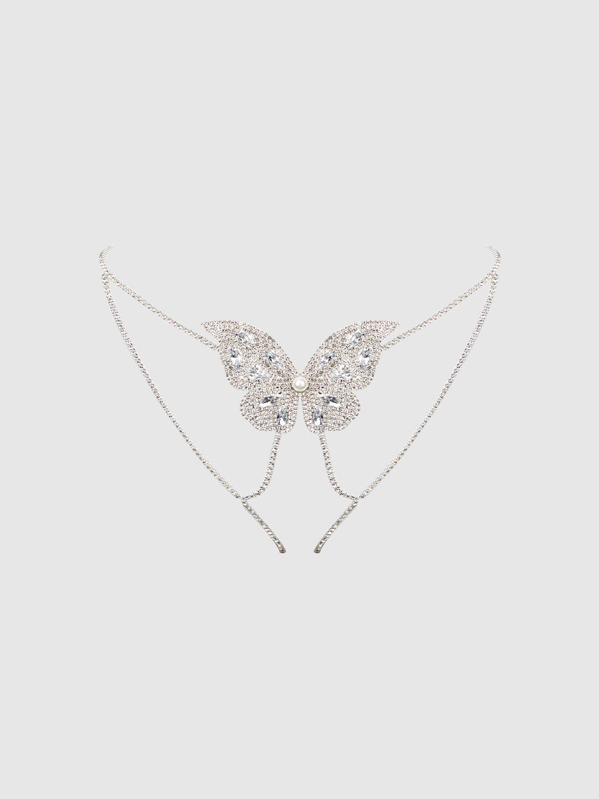 Rhinestone & Pearl Butterfly Panty In Silver - House of Desire
