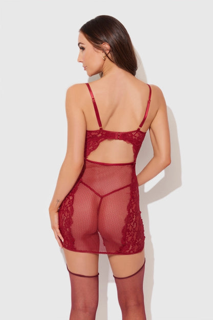 Dezi Lace & Chain Chemise In Rhubarb Red - House of Desire