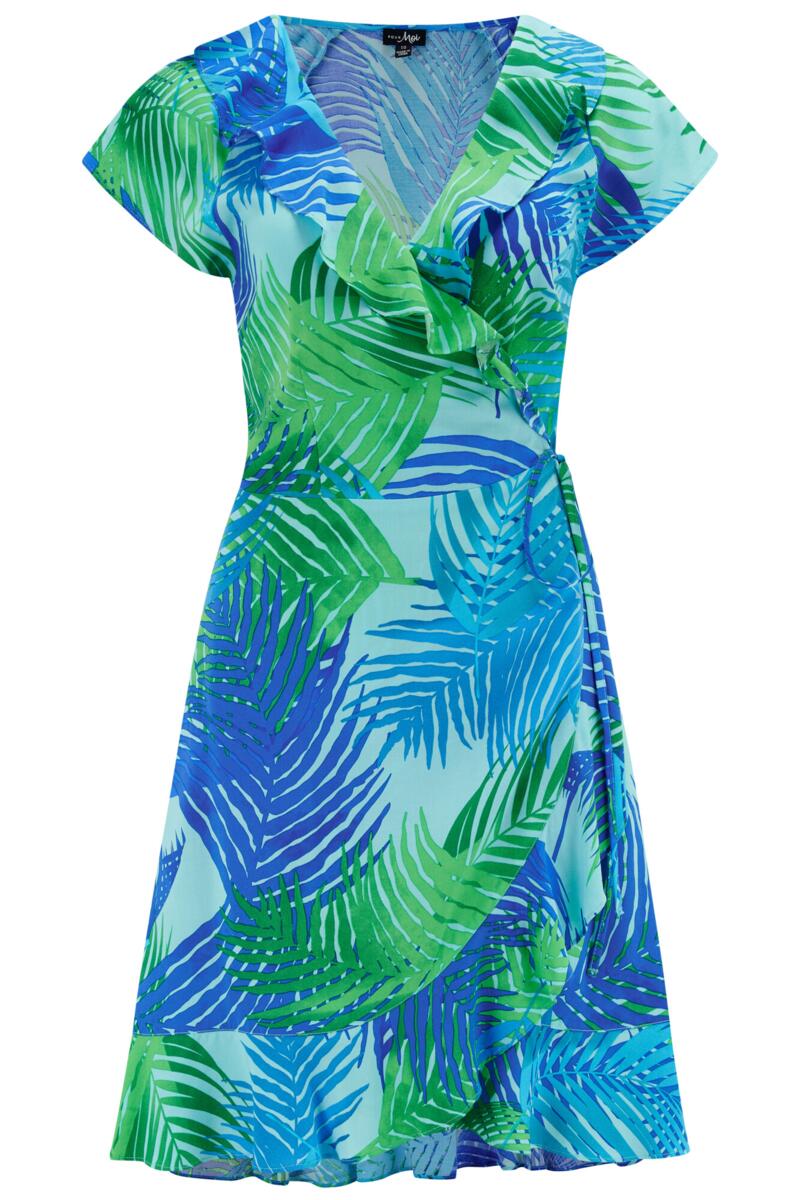 Lenzing Ecovero Viscose Frill Wrap Beach Dress In Aqua Palm - Pour Moi