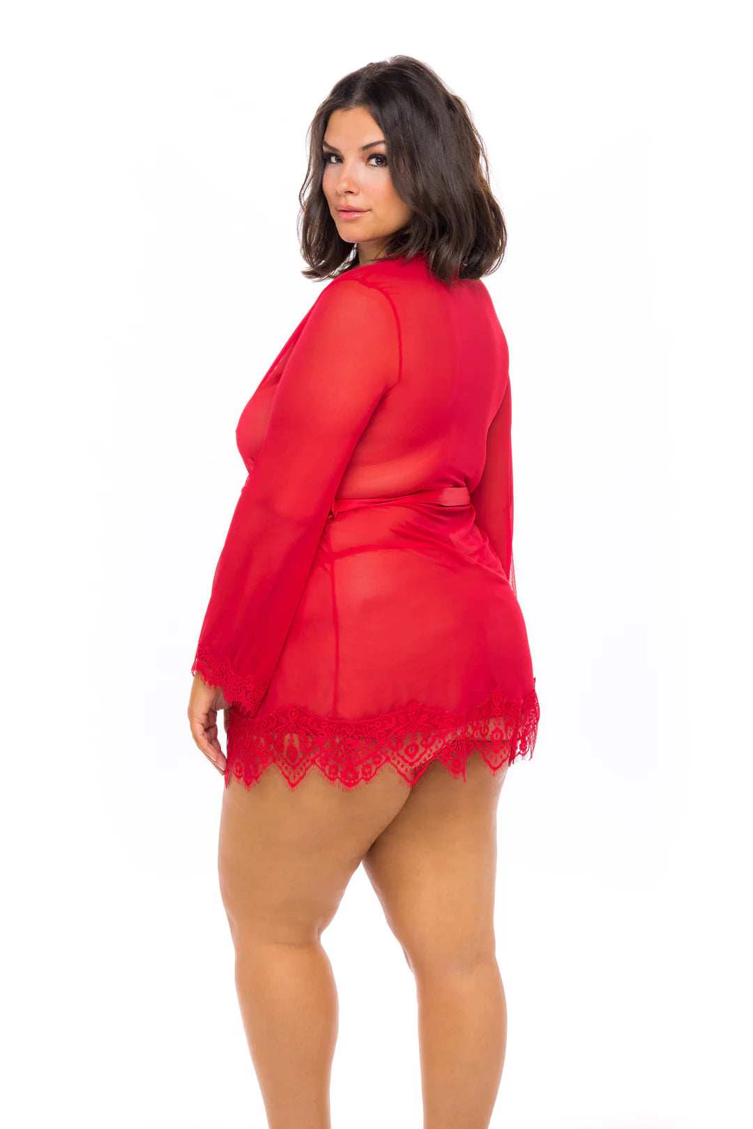 Provence Eyelash Lace Robe With Satin Sash In Red - Oh La La Cheri
