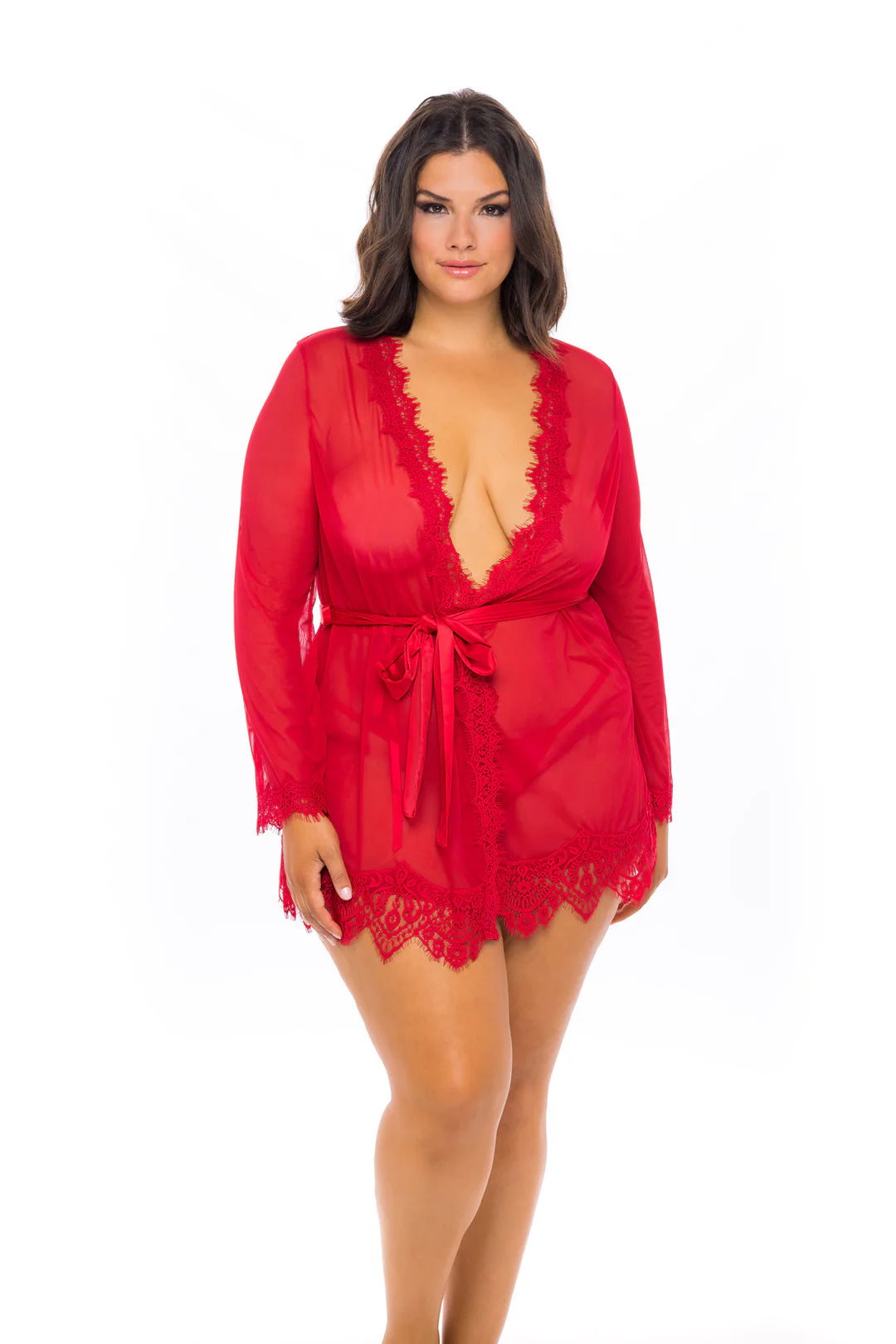 Provence Eyelash Lace Robe With Satin Sash In Red - Oh La La Cheri