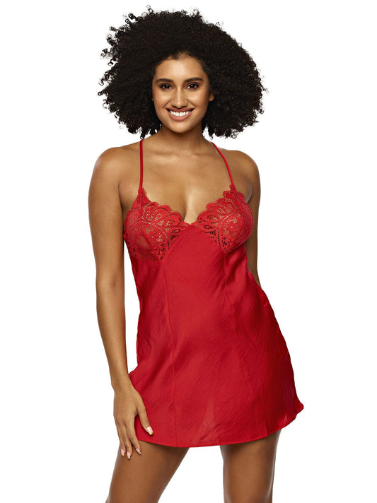 Rita Lace & Matt Satin Chemise In Tango Red - Jezebel