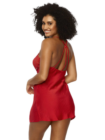 Rita Lace & Matt Satin Chemise In Tango Red - Jezebel