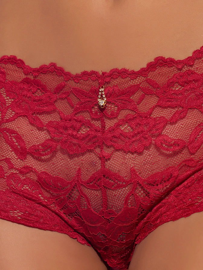 Bella Lace Crotchless Cheeky In Crimson Red - House of Desire