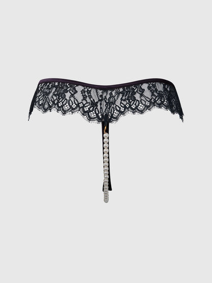 Jocelyn Lace & Pearl Crotchless Thong In Purple & Black - House of Desire