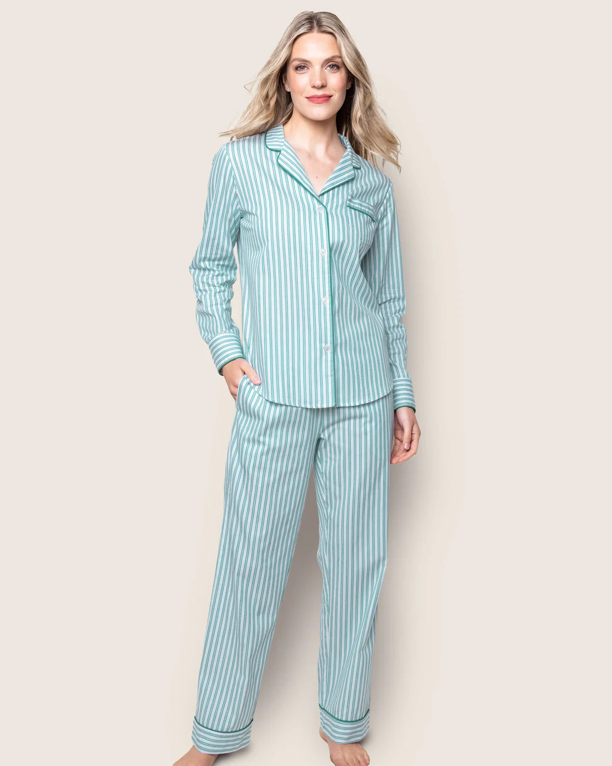 Women's Pajama Set In Emerald Ticking - Petite Plume