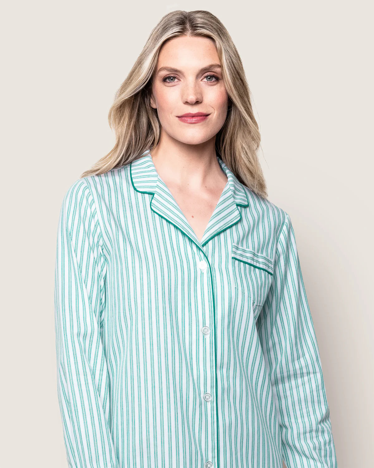 Women's Pajama Set In Emerald Ticking - Petite Plume