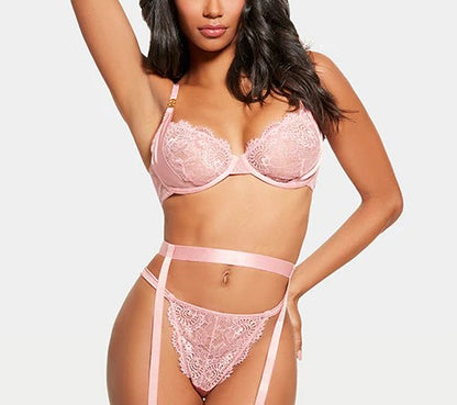 Helena Satin & Lace Open Back Thong In Pink - House of Desire