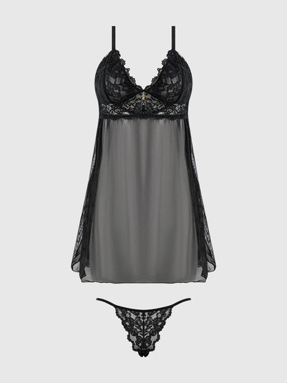 Bella Lace & Mesh Babydoll In Black - House of Desire