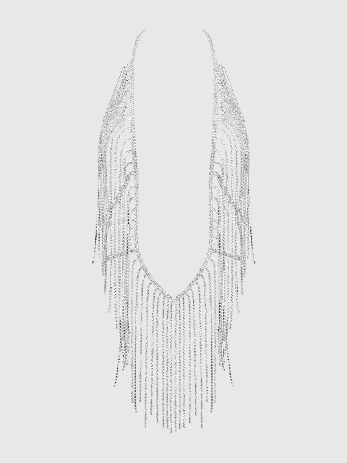 Rhinestone Plunge & Fringe Teddy in Silver - House of Desire