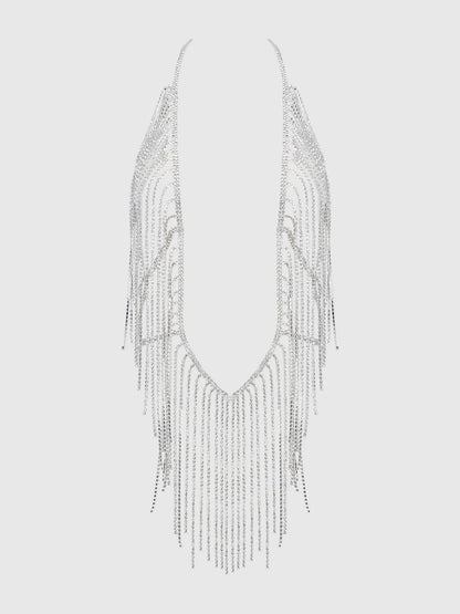 Rhinestone Plunge & Fringe Teddy in Silver - House of Desire