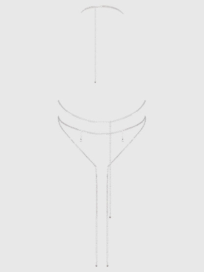 Rhinestone Plunge & Fringe Teddy in Silver - House of Desire