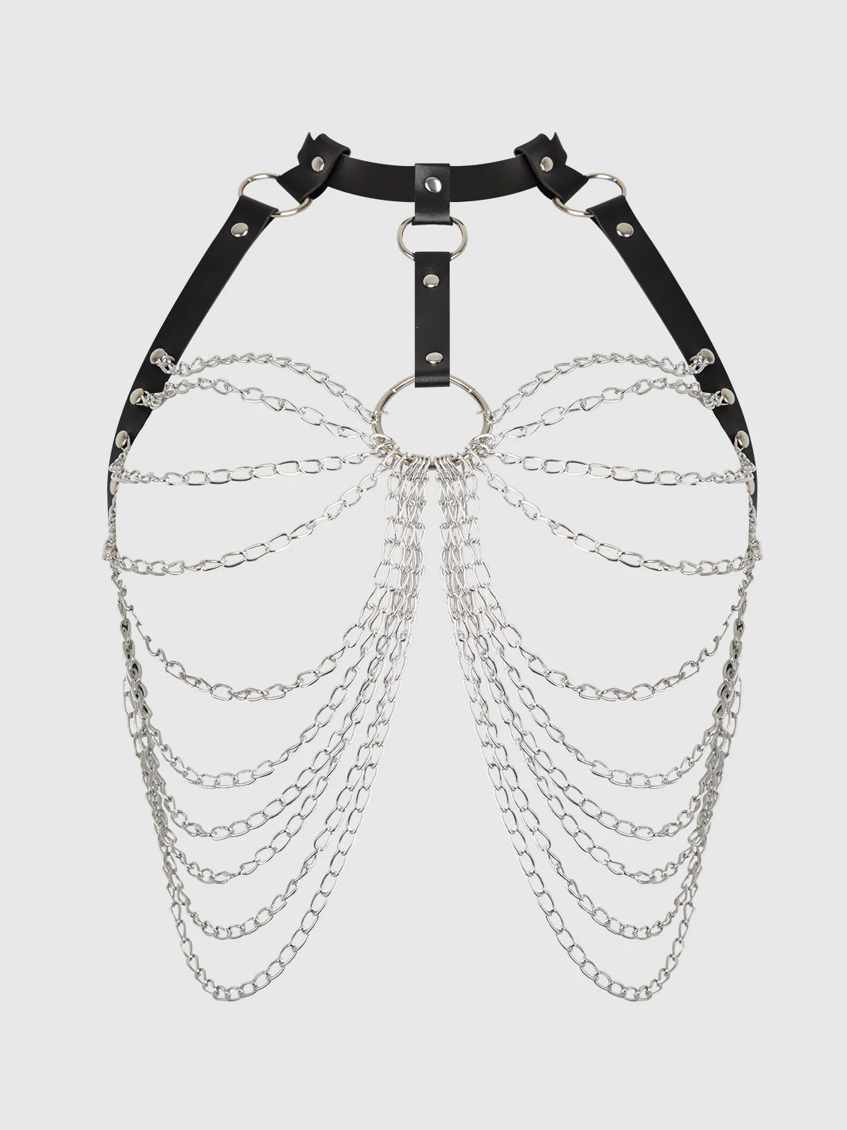 Chain & Leather-Like Draped Harness in Black/Silver - House of Desire