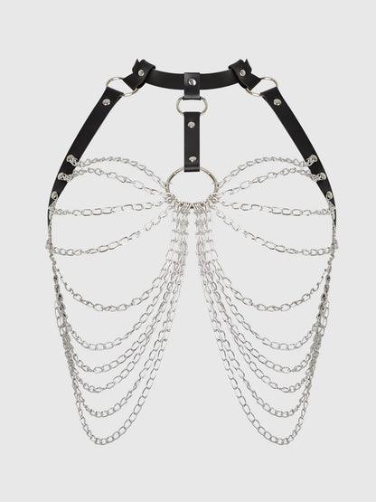 Chain & Leather-Like Draped Harness in Black/Silver - House of Desire