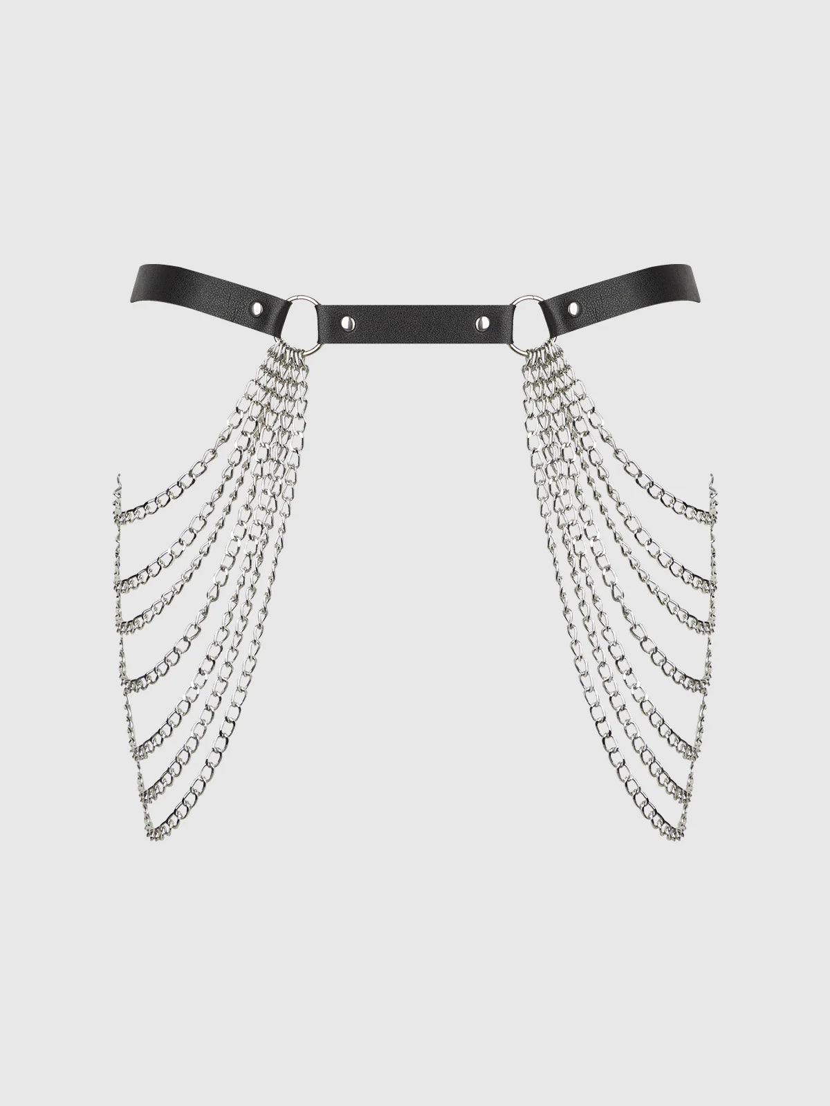 Chain & Leather Like Draped Garter In Black & Silver - House of Desire