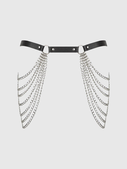 Chain & Leather Like Draped Garter In Black & Silver - House of Desire