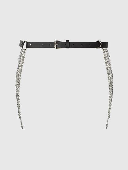 Chain & Leather Like Draped Garter In Black & Silver - House of Desire