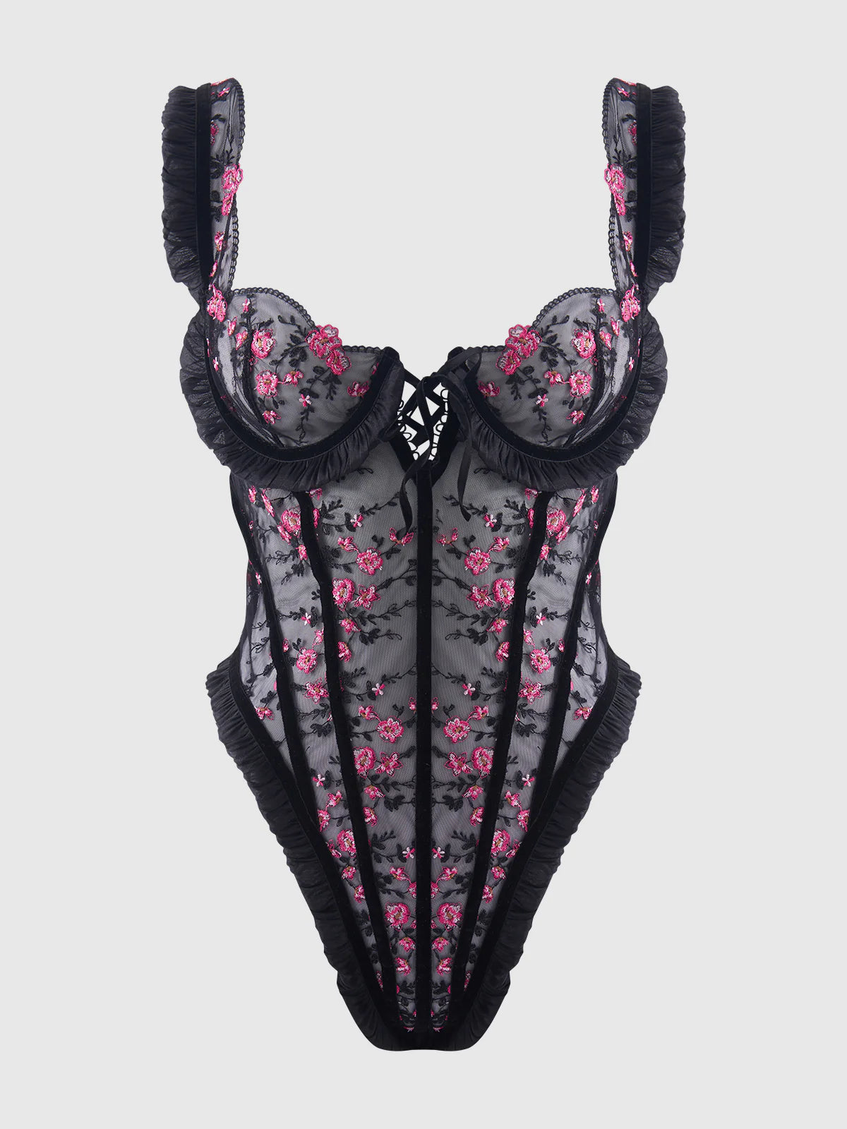 Harper Embroidered Mesh & Ruffle Teddy in Black/Pink Dragon - House of Desire