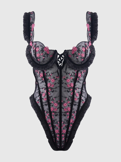 Harper Embroidered Mesh & Ruffle Teddy in Black/Pink Dragon - House of Desire