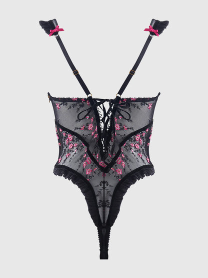 Harper Embroidered Mesh & Ruffle Teddy in Black/Pink Dragon - House of Desire