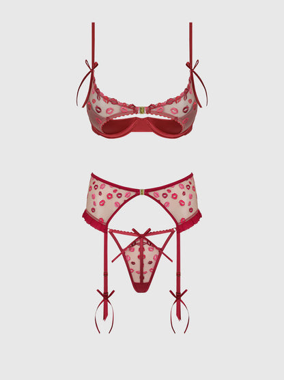 Angelina Lips Embroidery Open Cup Bra Set - House of Desire