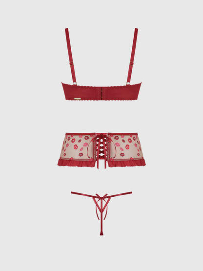 Angelina Lips Embroidery Open Cup Bra Set - House of Desire
