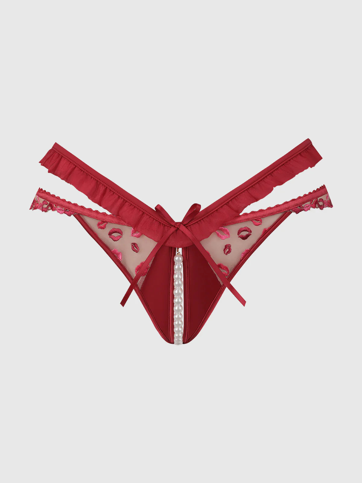 Angelina Lips Embroidery Pearl Crotchless Bikini - House of Desire