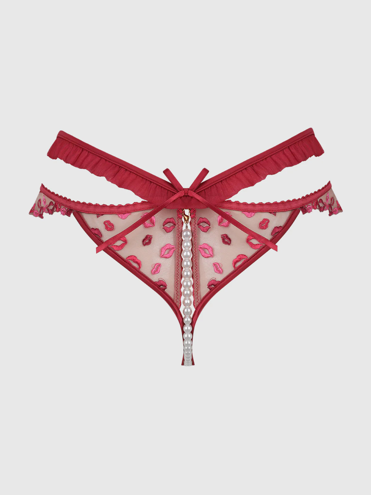 Angelina Lips Embroidery Pearl Crotchless Bikini - House of Desire