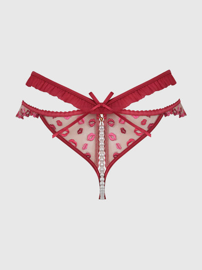 Angelina Lips Embroidery Pearl Crotchless Bikini - House of Desire