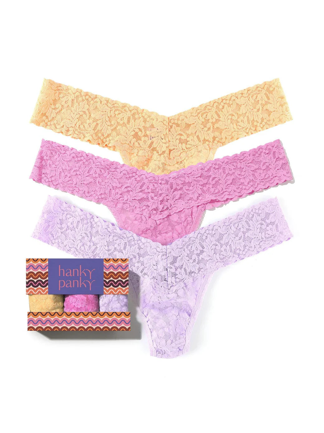3 Low Rise Thongs In Apricot Crush Orange, Drifting Horizon Pink & Cool Lavender - Hanky Panky