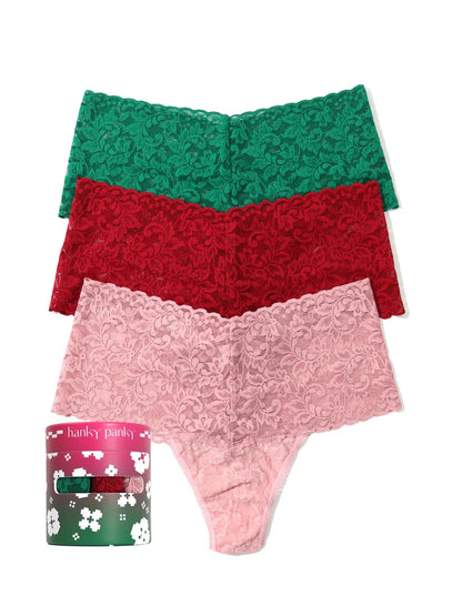 3 Lace Retro Thong In Green, Bordeaux & Meadow Rose - Hanky Panky