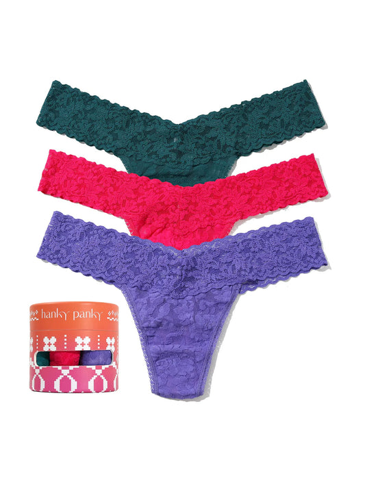 3 Low Rise Signature Lace Thong In Green, Rose & Violet - Hanky Panky